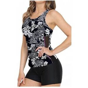 Rekita Tankini Black & White Floral Bathing Suit Tank Top Women's Size S